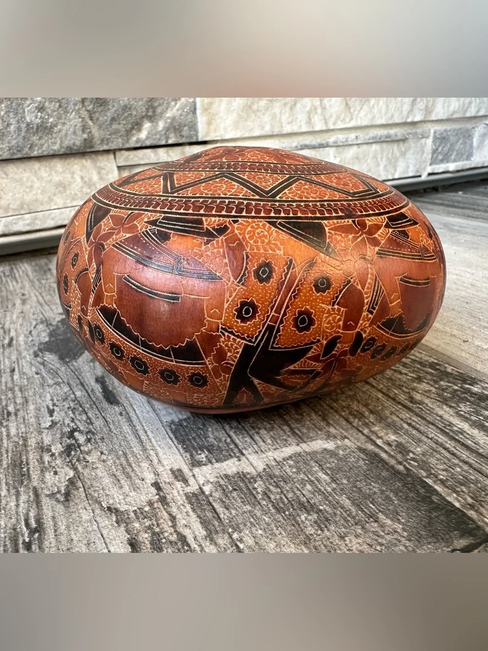 Vintage Hand Carved Gourd Peruvian  Decor Art